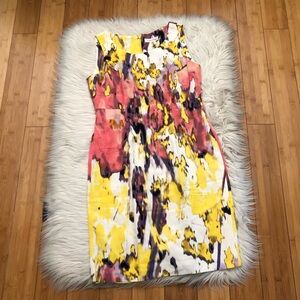 Calvin Klein Linen Blend Abstract Watercolor Yellow Orange Sheath Dress size 4P